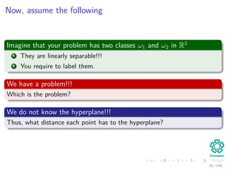 Now, assume the following
Imagine that your problem has two classes ω1 and ω2 in R2
1 They are linearly separable!!!
2 You require to label them.
We have a problem!!!
Which is the problem?
We do not know the hyperplane!!!
Thus, what distance each point has to the hyperplane?
78 / 140
 