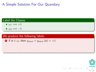 A Simple Solution For Our Quandary
Label the Classes
ω1 =⇒ +1
ω2 =⇒ −1
We produce the following labels
1 if x ∈ ω1 then yideal = gideal (x) = +1.
2 if x ∈ ω2 then yideal = gideal (x) = −1.
Remark: We have a problem with this labels!!!
79 / 140
 