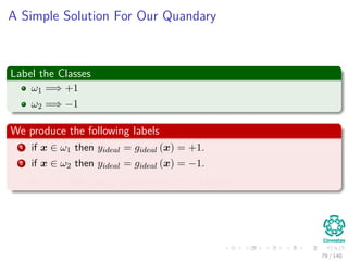 A Simple Solution For Our Quandary
Label the Classes
ω1 =⇒ +1
ω2 =⇒ −1
We produce the following labels
1 if x ∈ ω1 then yideal = gideal (x) = +1.
2 if x ∈ ω2 then yideal = gideal (x) = −1.
Remark: We have a problem with this labels!!!
79 / 140
 
