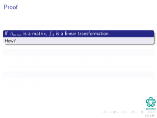 Proof
If Am×n is a matrix, fA is a linear transformation
How?
First
fA (x1 + x2) = A (x1 + x2) = Ax1 + Ax2 = fA (x1) + fA (x2)
Second
What about fA (cx1)?
12 / 140
 