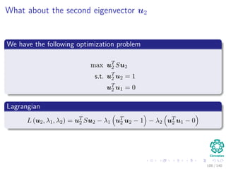 What about the second eigenvector u2
We have the following optimization problem
max uT
2 Su2
s.t. uT
2 u2 = 1
uT
2 u1 = 0
Lagrangian
L (u2, λ1, λ2) = uT
2 Su2 − λ1 uT
2 u2 − 1 − λ2 uT
2 u1 − 0
108 / 140
 