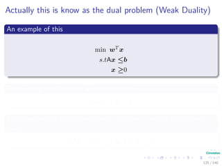 Actually this is know as the dual problem (Weak Duality)
An example of this
min wT x
s.tAx ≤b
x ≥0
Then, using what is know as slack variables
Ax + A x = b
Each row lives in the column space, but the yi lives in the column
space
Ax + A x i → yi and x ≥ 0
125 / 140
 