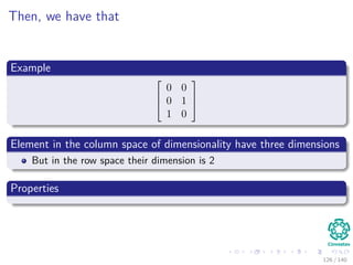 Then, we have that
Example



0 0
0 1
1 0



Element in the column space of dimensionality have three dimensions
But in the row space their dimension is 2
Properties
126 / 140
 