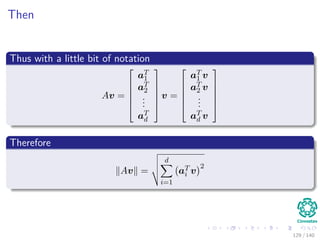 Then
Thus with a little bit of notation
Av =






aT
1
aT
2
...
aT
d






v =






aT
1 v
aT
2 v
...
aT
d v






Therefore
Av =
d
i=1
aT
i v
2
129 / 140
 