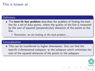 This is known as
Deﬁnition
The best-ﬁt line problem describes the problem of ﬁnding the best
line for a set of data points, where the quality of the line is measured
by the sum of squared (perpendicular) distances of the points to the
line.
Remember, we are looking at the dual problem....
Generalization
This can be transferred to higher dimensions: One can ﬁnd the
best-ﬁt d-dimensional subspace, so the subspace which minimizes the
sum of the squared distances of the points to the subspace
131 / 140
 