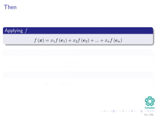 Then
Applying f
f (x) = x1f (e1) + x2f (e2) + ... + xnf (en)
A linear combination of elements
{f (e1) , f (e2) , ..., f (en)}
They are column vectors in Rm
A = (f (e1) |f (e2) |...|f (en))m×n
19 / 140
 
