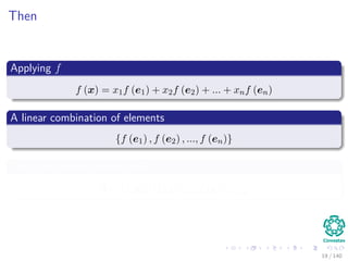 Then
Applying f
f (x) = x1f (e1) + x2f (e2) + ... + xnf (en)
A linear combination of elements
{f (e1) , f (e2) , ..., f (en)}
They are column vectors in Rm
A = (f (e1) |f (e2) |...|f (en))m×n
19 / 140
 