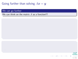 Going further than solving Ax = y
We can go further
We can think on the matrix A as a function!!!
In general
A function f whose domain Rn and deﬁnes a rule that associate x ∈ Rn
to a vector y ∈ Rm
y = f (x) equivalently f : Rn
−→ Rm
We like the second expression because
1 It is easy to identify the domain Rn
2 It is easy to ﬁnd the range Rm
4 / 140
 
