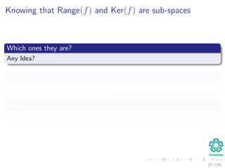 Knowing that Range(f) and Ker(f) are sub-spaces
Which ones they are?
Any Idea?
Range(f)
The column space of the matrix A.
Ker(f)
It is the null space of A.
24 / 140
 
