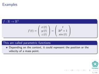 Examples
f : R → R3
f (t) =



x (t)
y (t)
z (t)


 =



t
3t2 + 1
sin (t)



This are called parametric functions
Depending on the context, it could represent the position or the
velocity of a mass point.
5 / 140
 