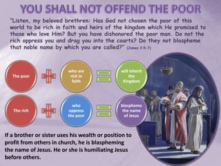 “Listen, my beloved brethren: Has God not chosen the poor of this
world to be rich in faith and heirs of the kingdom which He promised to
those who love Him? But you have dishonored the poor man. Do not the
rich oppress you and drag you into the courts? Do they not blaspheme
that noble name by which you are called?” (James 2:5-7)
The poor
who are
rich in
faith
will inherit
the
Kingdom
The rich
who
oppress
the poor
blaspheme
the name
of Jesus
If a brother or sister uses his wealth or position to
profit from others in church, he is blaspheming
the name of Jesus. He or she is humiliating Jesus
before others.
 