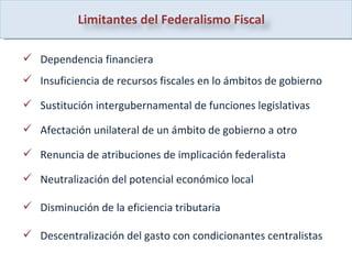 Dependencia financiera Insuficiencia de recursos fiscales en lo ámbitos de gobierno Sustitución intergubernamental de funciones legislativas Afectación unilateral de un ámbito de gobierno a otro  Renuncia de atribuciones de implicación federalista  Neutralización del potencial económico local  Disminución de la eficiencia tributaria Descentralización del gasto con condicionantes centralistas  Limitantes del Federalismo Fiscal 