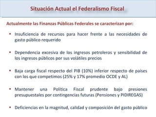 Actualmente las Finanzas Públicas Federales se caracterizan por: Insuficiencia de recursos para hacer frente a las necesidades de gasto público requerido  Dependencia excesiva de los ingresos petroleros y sensibilidad de los ingresos públicos por sus volátiles precios Baja carga fiscal respecto del PIB (10%)  inferior respecto de países con los que competimos (25% y 17% promedio OCDE y AL) Mantener una Política Fiscal prudente bajo presiones presupuestales por contingencias futuras (Pensiones y PIDIREGAS) Deficiencias en la magnitud, calidad y composición del gasto público   Situación Actual el Federalismo Fiscal  