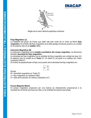 Página 16 de 24
Dirección
del campo
S
N
I
I
Regla de la mano derecha aplicada a bobinas
Flujo Magnético (φ)
La totalidad del grupo de líneas que salen del polo norte de un imán se llama flujo
magnético. El símbolo del flujo magnético es la letra griega minúscula φ (phi) y su unidad
en el sistema mks es el webber (Wb).
Inducción Magnética (B)
La inducción magnética es la medida cuantitativa del campo magnético, se denomina
también densidad de flujo magnético..
La densidad de flujo magnético es la cantidad de flujo magnético por unidad de área. En
el sistema mks la unidad es el Tesla (T). Un tesla (T) es igual a un webber por metro
cuadrado (Wb/m2
).
Si el área es perpendicular al flujo, la ecuación de la densidad de flujo magnético es:
A
B
φ
=
Donde:
B = densidad magnética en Tesla (T)
φ = flujo magnético en webbers (Wb).
A = área de la sección en metros cuadrados (m2
)
Fuerza Magneto Motriz
El campo magnético producido por una bobina es directamente proporcional a la
cantidad de corriente que fluye por ella y a la cantidad de espiras que tenga.
 