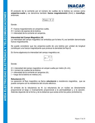 Página 17 de 24
El producto de la corriente por el número de vueltas de la bobina se conoce como
amperios-vuelta y se denomina también fuerza magnetomotriz (fmm) o transflujo,
entonces:
I
N
Fmm ⋅
=
Donde:
F = fuerza magnetomotriz en amperios-vuelta.
N = número de espiras de la bobina.
I = intensidad de la corriente en amperios.
Intensidad del Campo Magnético (H)
La intensidad del campo magnético se simboliza por la letra H y es también denominada
fuerza magnetizante.
Se puede considerar que los amperios-vuelta de una bobina por unidad de longitud
constituyen una fuerza magnetizante que produce la densidad de flujo B.
En forma algebraica la intensidad del campo magnético es:
l
I
N
H
⋅
=
Donde:
H = intensidad del campo magnético en amper-vuelta por metro (A-v/m).
N = número de vueltas de la bobina.
I = intensidad de la corriente en amperios (A).
l = largo de la bobina en metros (m).
Reluctancia (ℜ)
La oposición al flujo magnético se llama reluctancia o resistencia magnética, que se
puede compara con la resistencia del circuito eléctrico.
El símbolo de la reluctancia es ℜ. La reluctancia de un núcleo es directamente
proporcional al largo e inversamente proporcional a la permeabilidad y a la sección.
Además depende de la forma y de la distancia que exista entre los polos (entrehierro).
 