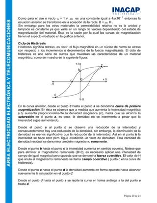 Página 20 de 24
Como para el aire o vacío µr = 1 y µ0 es una constante igual a 4πx10− 7
entonces la
ecuación anterior se transforma en la ecuación de la recta: B = µ0 H .
Sin embargo para los otros materiales la permeabilidad relativa no es la unidad y
tampoco es constante ya que varía en un rango de valores dependiendo del estado de
magnetización del material. Esta es la razón por la cual las curvas de magnetización
tienen el aspecto mostrado en la gráfica anterior.
Ciclo de Histéresis
Histéresis significa retraso, es decir, el flujo magnético en un núcleo de hierro se atrasa
con respecto a los incrementos o decrementos de la fuerza magnetizante. El ciclo de
histéresis es una serie de curvas que muestran las características de un material
magnético, como se muestra en la siguiente figura:
En la curva anterior, desde el punto 0 hasta el punto a se denomina curva de primera
magnetización. En ésta se observa que a medida que aumenta la intensidad magnética
(H), aumenta proporcionalmente la densidad magnética (B), hasta que se alcanza la
saturación en el punto a, es decir, la densidad no se incrementa a pesar que la
intensidad sigue aumentando.
Desde el punto a al punto b se observa una reducción de la intensidad y
consecuentemente hay una reducción de la densidad, sin embargo, la disminución de la
densidad es menos significativa que la reducción de la intensidad. Así en el punto b la
intensidad se hace cero pero sigue existiendo un valor de densidad. Esta cantidad de
densidad residual se denomina también magnetismo remanente.
Desde el punto b hasta el punto c la intensidad aumenta en sentido opuesto. Nótese que
para eliminar el magnetismo remanente (B=0), es necesario aplicar una intensidad de
campo de igual magnitud pero opuesta que se denomina fuerza coercitiva. El valor de H
que anula el magnetismo remanente se llama campo coercitivo ( punto c en la curva de
histéresis).
Desde el punto c hasta el punto d la densidad aumenta en forma opuesta hasta alcanzar
nuevamente la saturación en el punto d.
Desde el punto d hasta el punto a se repite la curva en forma análoga a la del punto a
hasta d.
 