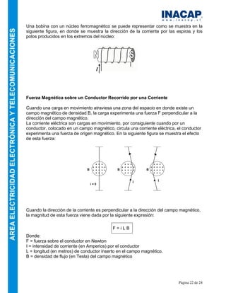 Página 22 de 24
Una bobina con un núcleo ferromagnético se puede representar como se muestra en la
siguiente figura, en donde se muestra la dirección de la corriente por las espiras y los
polos producidos en los extremos del núcleo:
Fuerza Magnética sobre un Conductor Recorrido por una Corriente
Cuando una carga en movimiento atraviesa una zona del espacio en donde existe un
campo magnético de densidad B, la carga experimenta una fuerza F perpendicular a la
dirección del campo magnético.
La corriente eléctrica son cargas en movimiento, por consiguiente cuando por un
conductor, colocado en un campo magnético, circula una corriente eléctrica, el conductor
experimenta una fuerza de origen magnético. En la siguiente figura se muestra el efecto
de esta fuerza:
Cuando la dirección de la corriente es perpendicular a la dirección del campo magnético,
la magnitud de esta fuerza viene dada por la siguiente expresión:
F = i L B
Donde:
F = fuerza sobre el conductor en Newton
I = intensidad de corriente (en Amperios) por el conductor
L = longitud (en metros) de conductor inserto en el campo magnético.
B = densidad de flujo (en Tesla) del campo magnético
i = 0
i i
B B B
 