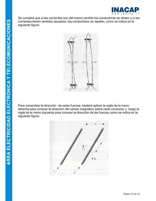Página 24 de 24
Se cumplirá que si las corrientes son del mismo sentido los conductores se atraen y si las
corrientes tienen sentidos opuestos, los conductores se repelen, como se indica en la
siguiente figura:
Para comprobar la dirección de estas fuerzas, bastará aplicar la regla de la mano
derecha para conocer la dirección del campo magnético sobre cada conductor y luego la
regla de la mano izquierda para conocer la dirección de las fuerzas como se indica en la
siguiente figura:
 