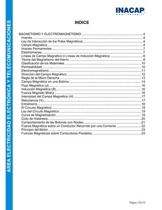 Página 3 de 24
INDICE
MAGNETISMO Y ELECTROMAGNETISMO .....................................................................4
Imanes.............................................................................................................................4
Ley de Interacción de los Polos Magnéticos....................................................................4
Campo Magnético ...........................................................................................................4
Imanes Permanentes ......................................................................................................7
Electroimanes..................................................................................................................7
Líneas de Campo Magnético o Líneas de Inducción Magnética .....................................8
Teoría del Magnetismo del Hierro ...................................................................................9
Clasificación de los Materiales ......................................................................................10
Permeabilidad................................................................................................................10
Electromagnetismo........................................................................................................11
Dirección del Campo Magnético....................................................................................12
Regla de la Mano Derecha............................................................................................13
Campo Magnético en una Bobina .................................................................................14
Flujo Magnético (φ)........................................................................................................16
Inducción Magnética (B)................................................................................................16
Fuerza Magneto Motriz..................................................................................................16
Intensidad del Campo Magnético (H) ............................................................................17
Reluctancia (ℜ)..............................................................................................................17
Entrehierro.....................................................................................................................18
El Circuito Magnético.....................................................................................................19
Ley del Circuito Magnético ............................................................................................19
Curva de Magnetización................................................................................................19
Ciclo de Histéresis.........................................................................................................20
Comportamiento de las Bobinas con Núcleo.................................................................21
Fuerza Magnética sobre un Conductor Recorrido por una Corriente ............................22
Principio del Motor.........................................................................................................23
Fuerzas Magneticas sobre Conductores Paralelos .......................................................23
 