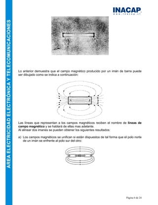 Página 6 de 24
Lo anterior demuestra que el campo magnético producido por un imán de barra puede
ser dibujado como se indica a continuación:
Las líneas que representan a los campos magnéticos reciben el nombre de líneas de
campo magnético y se hablará de ellas mas adelante.
Al alinear dos imanes se pueden obtener los siguientes resultados:
a) Los campos magnéticos se unifican si están dispuestos de tal forma que el polo norte
de un imán se enfrente al polo sur del otro:
 