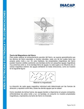 Página 9 de 24
Teoría del Magnetismo del Hierro
Para poder explicar el comportamiento peculiar del hierro, se supone generalmente que
los átomos de hierro equivalen a imanes naturales, cada uno de los cuales tiene sus
propios polos norte y sur. En esta hipótesis, las propiedades magnéticas del hierro
pueden hacerse visibles cubriendo una bandeja ancha con pequeñas agujas magnéticas
muy próximas entre si. Si la bandeja llena de agujas no está sujeta a la influencia de un
campo magnético exterior, las agujas señalarán en todas direcciones, como se muestra
en la siguiente figura:
Material no magnetizado
La dirección de cada aguja magnética individual está determinada por las fuerzas de
atracción y repulsión entre ella y todas las demás agujas que la rodean.
Como resultado de dichas fuerza, las agujas tienden a disponerse en grupos compactos,
enfrentándose los polos norte y sur. La bandeja, en conjunto no muestra propiedades
magnéticas y representa una barra de hierro no imanada.
 