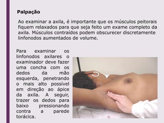 Palpação
Para examinar os
linfonodos axilares o
examinador deve fazer
uma concha com os
dedos da mão
esquerda, penetrando
o mais alto possível
em direção ao ápice
da axila. A seguir,
trazer os dedos para
baixo pressionando
contra a parede
torácica.
Ao examinar a axila, é importante que os músculos peitorais
fiquem relaxados para que seja feito um exame completo da
axila. Músculos contraídos podem obscurecer discretamente
linfonodos aumentados de volume.
 