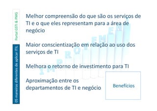 05maneirasdiferentesdeaplicarITILPortalGSTI&PMG
Benefícios
Melhor compreensão do que são os serviços de
TI e o que eles representam para a área de
negócio
Maior conscientização em relação ao uso dos
serviços de TI
Melhora o retorno de investimento para TI
Aproximação entre os
departamentos de TI e negócio
 