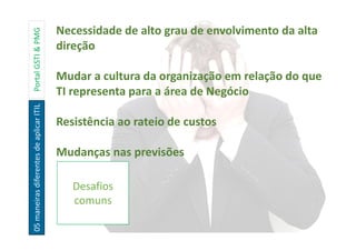 05maneirasdiferentesdeaplicarITILPortalGSTI&PMG
Desafios
comuns
Necessidade de alto grau de envolvimento da alta
direção
Mudar a cultura da organização em relação do que
TI representa para a área de Negócio
Resistência ao rateio de custos
Mudanças nas previsões
 