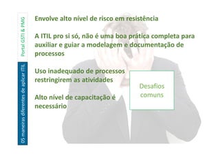 05maneirasdiferentesdeaplicarITILPortalGSTI&PMG
Desafios
comuns
Envolve alto nível de risco em resistência
A ITIL pro si só, não é uma boa prática completa para
auxiliar e guiar a modelagem e documentação de
processos
Uso inadequado de processos
restringirem as atividades
Alto nível de capacitação é
necessário
 