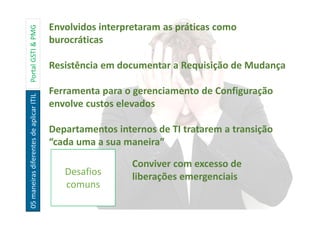 05maneirasdiferentesdeaplicarITILPortalGSTI&PMG
Desafios
comuns
Envolvidos interpretaram as práticas como
burocráticas
Resistência em documentar a Requisição de Mudança
Ferramenta para o gerenciamento de Configuração
envolve custos elevados
Departamentos internos de TI tratarem a transição
“cada uma a sua maneira”
Conviver com excesso de
liberações emergenciais
 