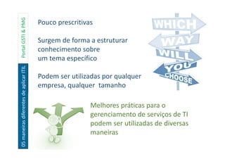 05maneirasdiferentesdeaplicarITILPortalGSTI&PMG Pouco prescritivas
Surgem de forma a estruturar
conhecimento sobre
um tema específico
Podem ser utilizadas por qualquer
empresa, qualquer tamanho
Melhores práticas para o
gerenciamento de serviços de TI
podem ser utilizadas de diversas
maneiras
 