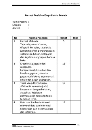 Belajar Untuk Masa Depanku




                        Format Penilaian Karya Ilmiah Remaja

Nama Peserta :
Sekolah      :
Alamat       :


  No                      Kriteria Penilaian          Bobot             Skor
  1              Format Makalah:                        5
                 Tata tulis; ukuran kertas,
                 tifografi, kerapian, tata letak,
                 jumlah halaman pengungkapan:
                 sistematika tulisan, ketepatan
                 dan kejelasan ungkapan, bahasa
                 baku.
  2              Kreativitas gagasan dan                15
                 rancangan:
                 komprehensif, keunikan dan
                 keaslian gagasan, struktur
                 gagasan, didukung argumentasi
                 ilmiah dan dapat diterapkan.
  3              Topik yang dikemukakan:                15
                 sifat topik, rumusan judul,
                 kesesuaian dengan bahasan,
                 aktualitas, kejelasan
                 permasalahan relevansi topik
                 terhadap tema.
  4              Data dan Sumber Informasi:             15
                 relevansi data dan informasi
                 keakuratan dan integritas data
                 dan informasi.




QEC24711   - Panduan Pelaksanaan LPIR
                                                                              19
 