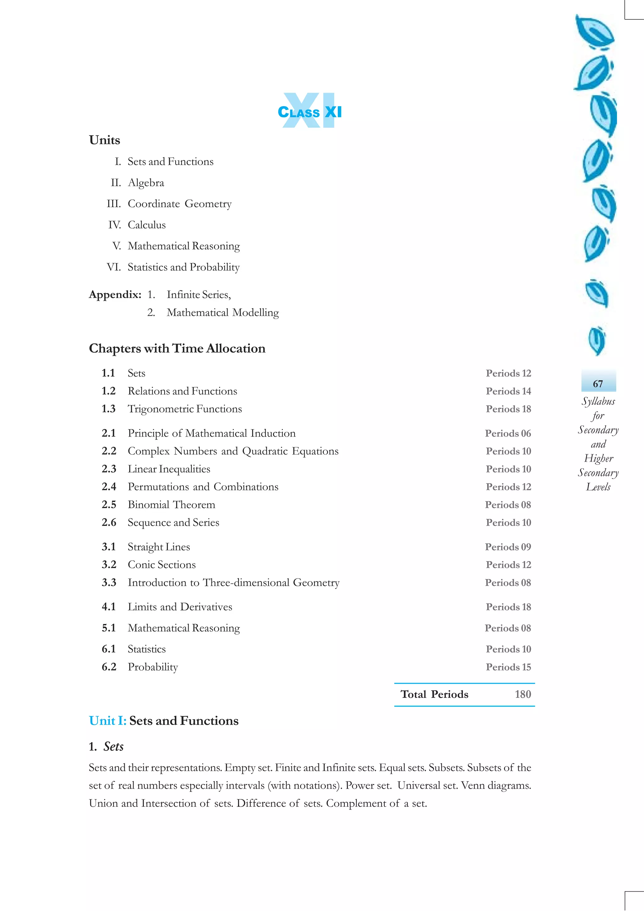 67
Syllabus
for
Secondary
and
Higher
Secondary
Levels
XICLASS XI
Units
I. Sets and Functions
II. Algebra
III. Coordinate Geometry
IV. Calculus
V. Mathematical Reasoning
VI. Statistics and Probability
Appendix: 1. Infinite Series,
2. Mathematical Modelling
Chapters with Time Allocation
1.1 Sets Periods 12
1.2 Relations and Functions Periods 14
1.3 Trigonometric Functions Periods 18
2.1 Principle of Mathematical Induction Periods 06
2.2 Complex Numbers and Quadratic Equations Periods 10
2.3 Linear Inequalities Periods 10
2.4 Permutations and Combinations Periods 12
2.5 Binomial Theorem Periods 08
2.6 Sequence and Series Periods 10
3.1 Straight Lines Periods 09
3.2 Conic Sections Periods 12
3.3 Introduction to Three-dimensional Geometry Periods 08
4.1 Limits and Derivatives Periods 18
5.1 Mathematical Reasoning Periods 08
6.1 Statistics Periods 10
6.2 Probability Periods 15
Total Periods 180
Unit I: Sets and Functions
1. Sets
Sets and their representations. Empty set. Finite and Infinite sets. Equal sets. Subsets. Subsets of the
set of real numbers especially intervals (with notations). Power set. Universal set. Venn diagrams.
Union and Intersection of sets. Difference of sets. Complement of a set.
 