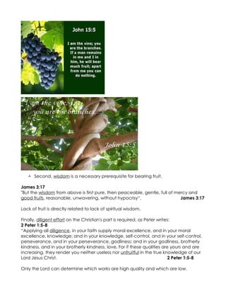  Second, wisdom is a necessary prerequisite for bearing fruit.

James 3:17
"But the wisdom from above is first pure, then peaceable, gentle, full of mercy and
good fruits, reasonable, unwavering, without hypocrisy“.                    James 3:17

Lack of fruit is directly related to lack of spiritual wisdom.

Finally, diligent effort on the Christian's part is required, as Peter writes:
2 Peter 1:5-8
“Applying all diligence, in your faith supply moral excellence, and in your moral
excellence, knowledge; and in your knowledge, self-control, and in your self-control,
perseverance, and in your perseverance, godliness; and in your godliness, brotherly
kindness, and in your brotherly kindness, love. For if these qualities are yours and are
increasing, they render you neither useless nor unfruitful in the true knowledge of our
Lord Jesus Christ.                                                          2 Peter 1:5-8

Only the Lord can determine which works are high quality and which are low.
 