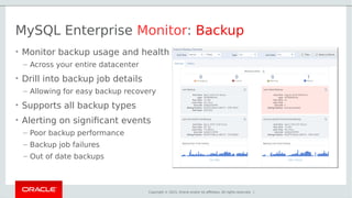 Copyright © 2015, Oracle and/or its affiliates. All rights reserved. |
MySQL Enterprise Monitor: Backup
• Monitor backup usage and health
– Across your entire datacenter
• Drill into backup job details
– Allowing for easy backup recovery
• Supports all backup types
• Alerting on significant events
– Poor backup performance
– Backup job failures
– Out of date backups
 
