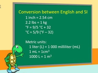 Conversion between English and SI
1 inch = 2.54 cm
2.2 lbs = 1 kg
°F = 9/5 °C + 32
°C = 5/9 (°F – 32)

Metric units:
1 liter (L) = 1 000 milliliter (mL)
1 mL = 1cm3
1000 L = 1 m3

 