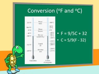 Conversion (oF and oC)

• F = 9/5C + 32
• C = 5/9(F - 32)

 