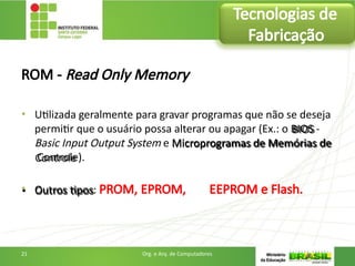 ROM - Read Only Memory
• Utilizada geralmente para gravar programas que não se deseja
permitir que o usuário possa alterar ou apagar (Ex.: o BIOS -
Basic Input Output System e Microprogramas de Memórias de
Controle).
• Outros tipos: PROM, EPROM, EEPROM e Flash.
Tecnologias de
Fabricação
21 Org. e Arq. de Computadores
 