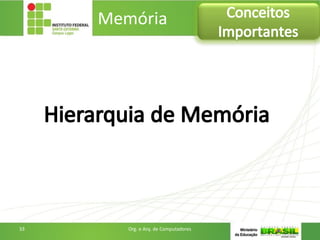 Memória Conceitos
Importantes
33 Org. e Arq. de Computadores
Hierarquia de Memória
 