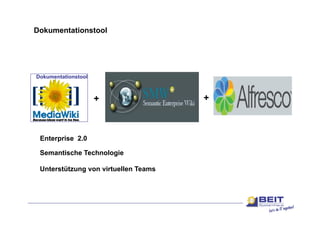 Dokumentationstool




Dokumentationstool



                     +                +



 Enterprise 2 0
            2.0

 Semantische Technologie

 Unterstützung von virtuellen Teams
 