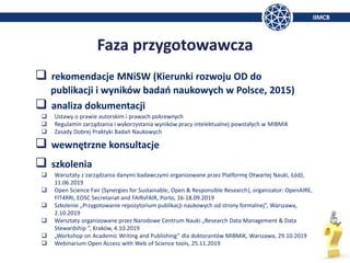 IIMCB
Faza przygotowawcza
❑ rekomendacje MNiSW (Kierunki rozwoju OD do
publikacji i wyników badań naukowych w Polsce, 2015...