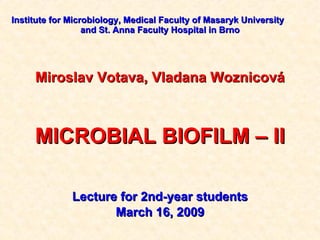 Institute  for  Microbiology, Medical Faculty of Masaryk University   and St. Anna Faculty Hospital  in Brno Miroslav Votava, Vladana Woznicová MICROBIAL BIOFILM – II  Lecture for 2nd-year students March 1 6 , 200 9 