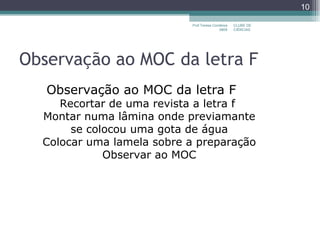 Observação ao MOC da letra F CLUBE DE CIÊNCIAS Prof.Teresa Condeixa 0809 Observação ao MOC da letra F Recortar de uma revista a letra f  Montar numa lâmina onde previamante se colocou uma gota de água Colocar uma lamela sobre a preparação Observar ao MOC 