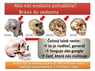 -7,0 mil.          -2,5 mil.     -0,6 mil.       -0,2 mil.

                                  Čelový lalok rastie:
                                 to je riaditeľ, generál
                                 funguje ako google
                                časť, ktorá nás civilizuje
            Evolúciou sa mozog utvára už 500 miliónov rokov !
               Zväčšuje sa posledných 2,5 milióna rokov !
 