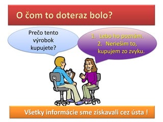 Prečo tento
                      1. Lebo ho poznám.
   výrobok
                        2. Neriešim to,
  kupujete?
                         kupujem zo zvyku.




Všetky informácie sme získavali cez ústa !
 