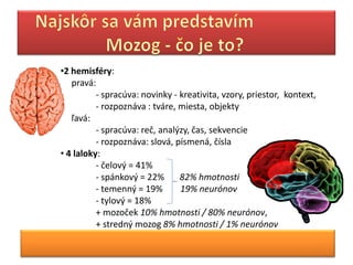 •2 hemisféry:
   pravá:
          - spracúva: novinky - kreativita, vzory, priestor, kontext,
          - rozpoznáva : tváre, miesta, objekty
   ľavá:
          - spracúva: reč, analýzy, čas, sekvencie
          - rozpoznáva: slová, písmená, čísla
• 4 laloky:
          - čelový = 41%
          - spánkový = 22%      82% hmotnosti
          - temenný = 19%       19% neurónov
          - tylový = 18%
          + mozoček 10% hmotnosti / 80% neurónov,
          + stredný mozog 8% hmotnosti / 1% neurónov
 