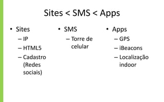 Sites < SMS < Apps
• Sites
– IP
– HTML5
– Cadastro
(Redes
sociais)
• SMS
– Torre de
celular
• Apps
– GPS
– iBeacons
– Localização
indoor
 
