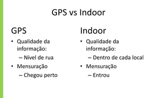 GPS vs Indoor
GPS
• Qualidade da
informação:
– Nível de rua
• Mensuração
– Chegou perto
Indoor
• Qualidade da
informação:
– Dentro de cada local
• Mensuração
– Entrou
 