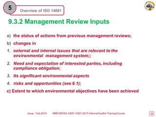 Overview of ISO 14001
5
9.3.2 Management Review Inputs
Issue : Feb 2019 MMC/INTAS- EMS 14001:2015 Internal Auditor TrainingCourse 24
a) the status of actions from previous management reviews;
b) changes in
1. external and internal issues that are relevant to the
environmental management system;;
2. Need and expectation of interested parties, including
compliance obligation;
3. Its significant environmental aspects
4. risks and opportunities (see 6.1);
c) Extent to which environmental objectives have been achieved
 