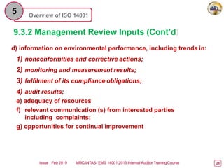 Overview of ISO 14001
5
9.3.2 Management Review Inputs (Cont’d)
d) information on environmental performance, including trends in:
1) nonconformities and corrective actions;
2) monitoring and measurement results;
3) fulfilment of its compliance obligations;
4) audit results;
e) adequacy of resources
f) relevant communication (s) from interested parties
including complaints;
g) opportunities for continual improvement
Issue : Feb 2019 MMC/INTAS- EMS 14001:2015 Internal Auditor TrainingCourse 25
 